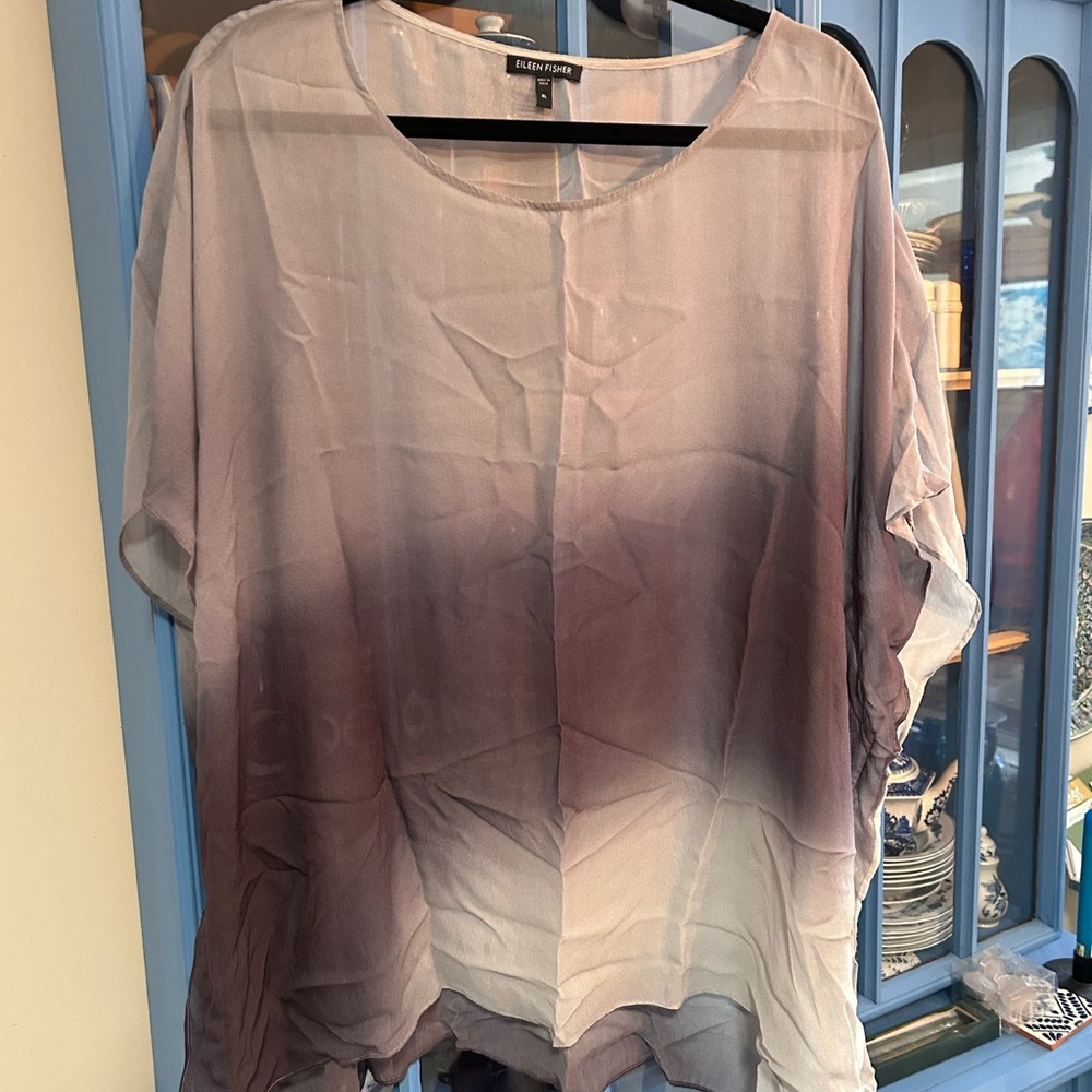 Eileen Fisher Gray Dolman Sleeve Blouse Relaxed Fit 100% Silk
